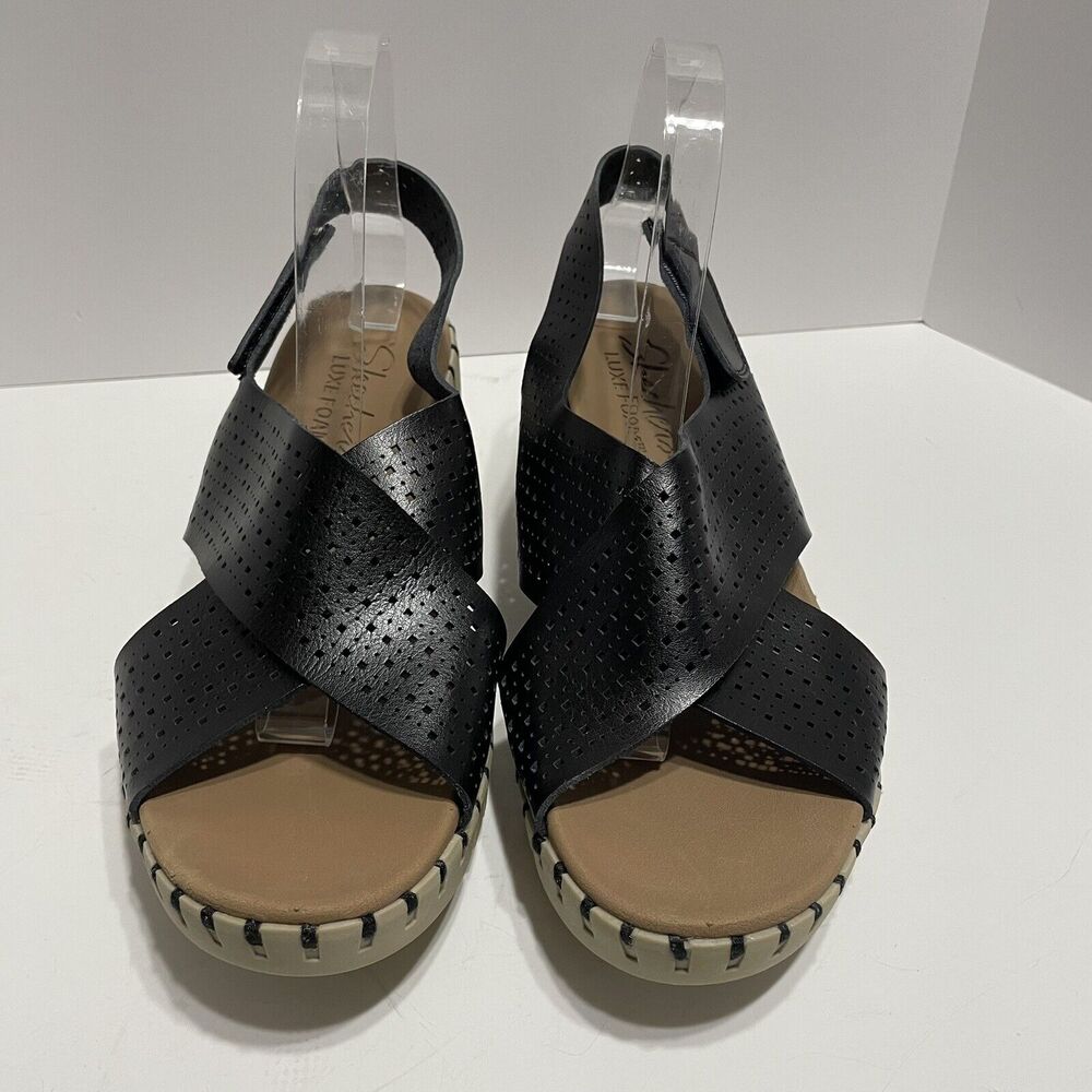 Skechers Luxe Foam PIER AVENUE Wedge Sandal Women’s 11 Black Cross Strap NEW - Picture 3 of 12